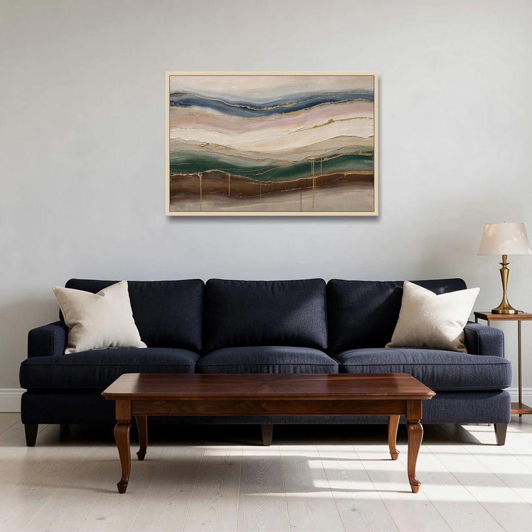 Agate Bands in Forest Green and Gold - Oak Framed Canvas Wall Art - Sofa - 36x24