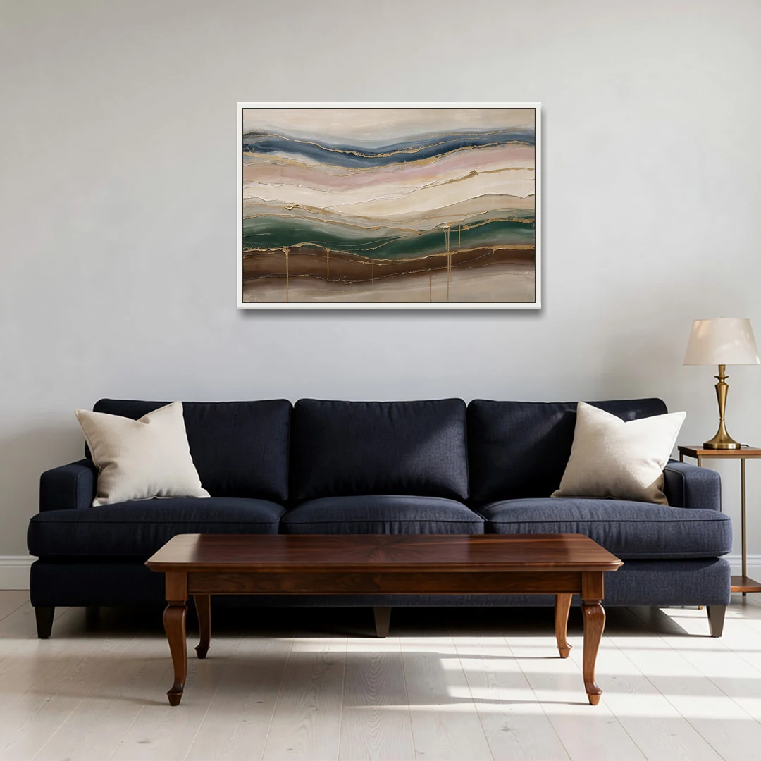 Agate Bands in Forest Green and Gold - White Framed Canvas Wall Art - Sofa - 36x24
