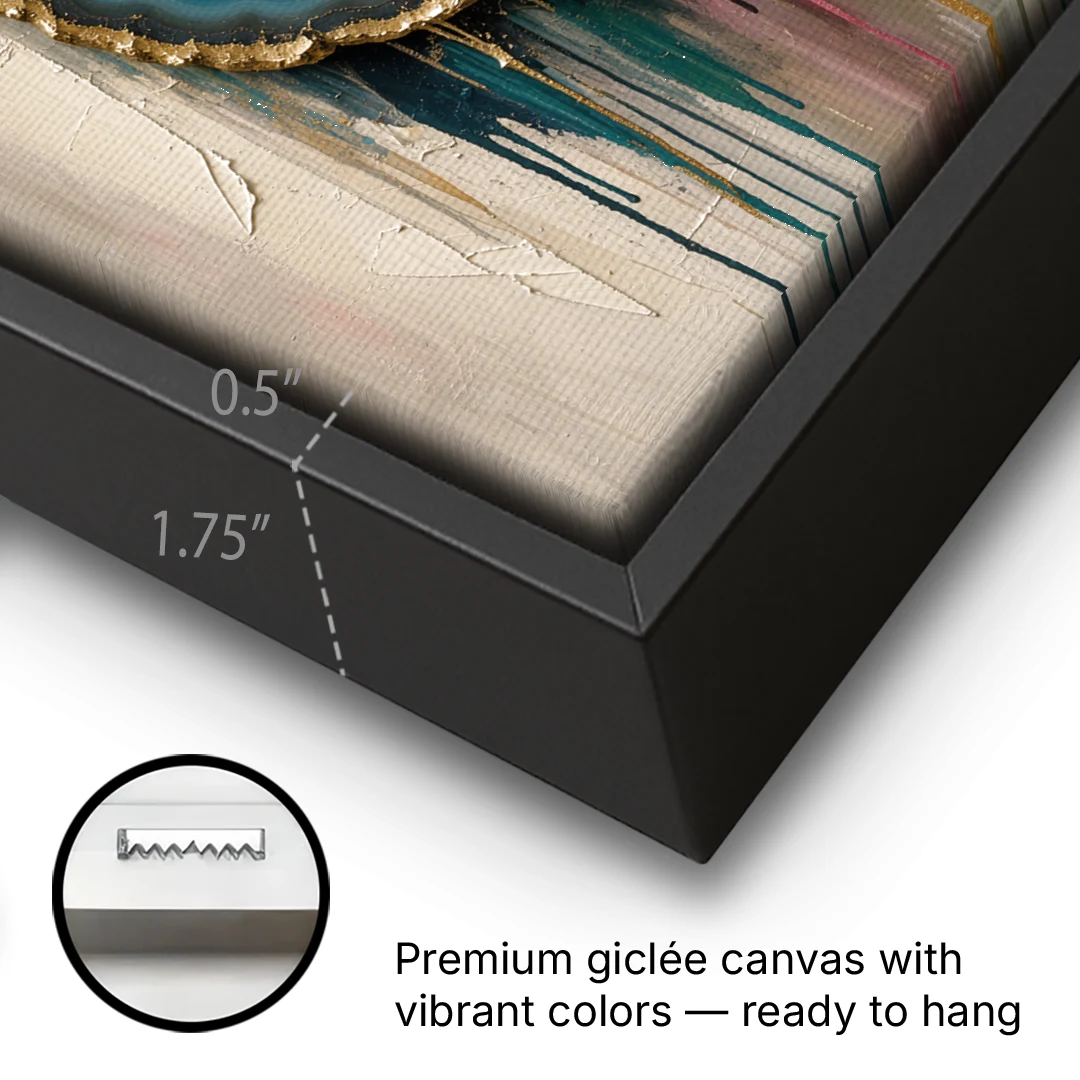 Agate Slice with Gold Rim and Teal Drips - Black Framed Canvas Wall Art - Gallery Wrap Corner