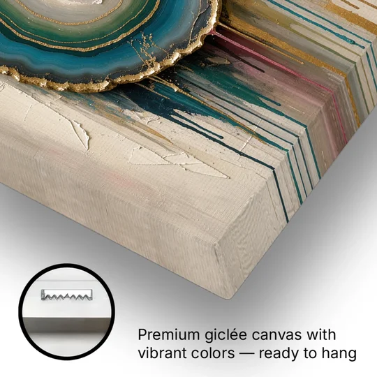 Agate Slice with Gold Rim and Teal Drips - Canvas Wall Art - Gallery Wrap Corner