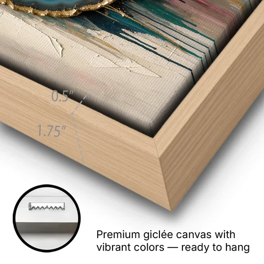 Agate Slice with Gold Rim and Teal Drips - Oak Framed Canvas Wall Art - Gallery Wrap Corner
