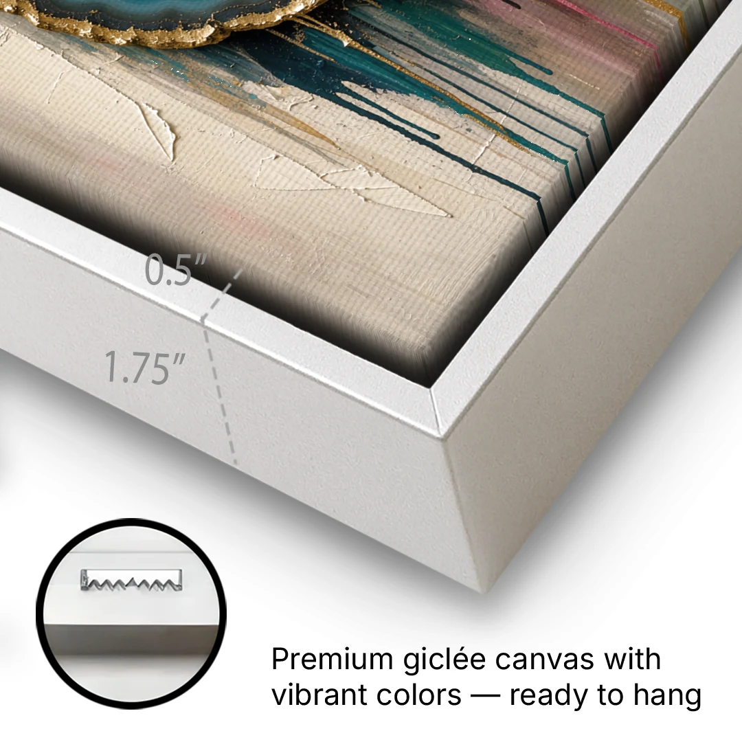 Agate Slice with Gold Rim and Teal Drips - White Framed Canvas Wall Art - Gallery Wrap Corner