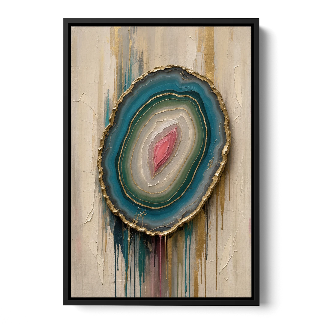 Agate Slice with Gold Rim and Teal Drips - Black Framed Canvas Wall Art - Front