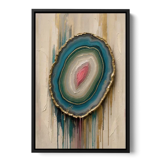 Agate Slice with Gold Rim and Teal Drips - Black Framed Canvas Wall Art - Front