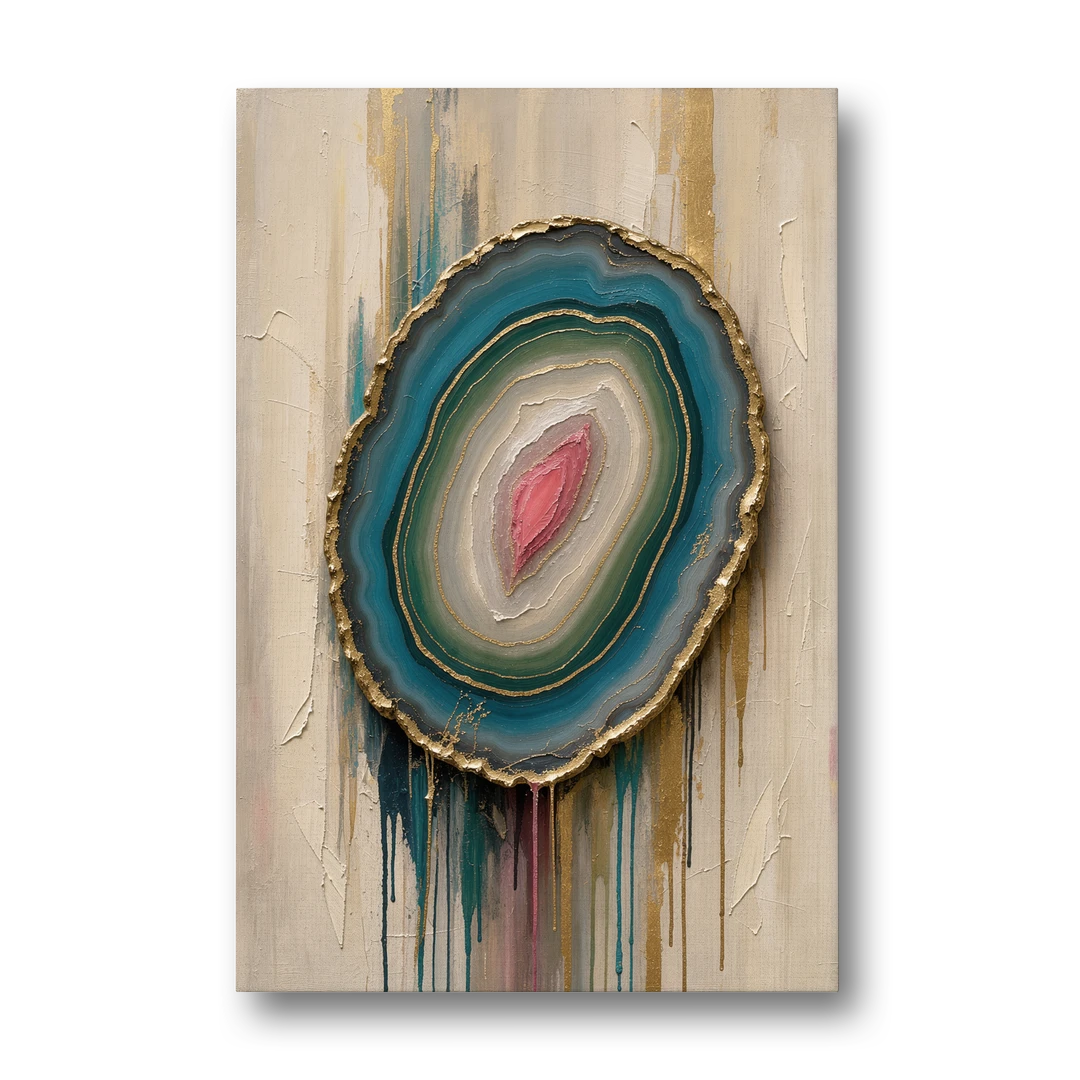 Agate Slice with Gold Rim and Teal Drips - Canvas Wall Art - Front