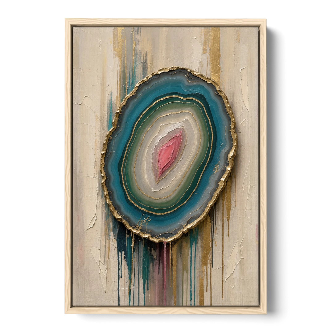 Agate Slice with Gold Rim and Teal Drips - Oak Framed Canvas Wall Art - Front