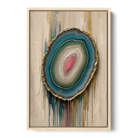 Agate Slice with Gold Rim and Teal Drips - Oak Framed Canvas Wall Art - Front