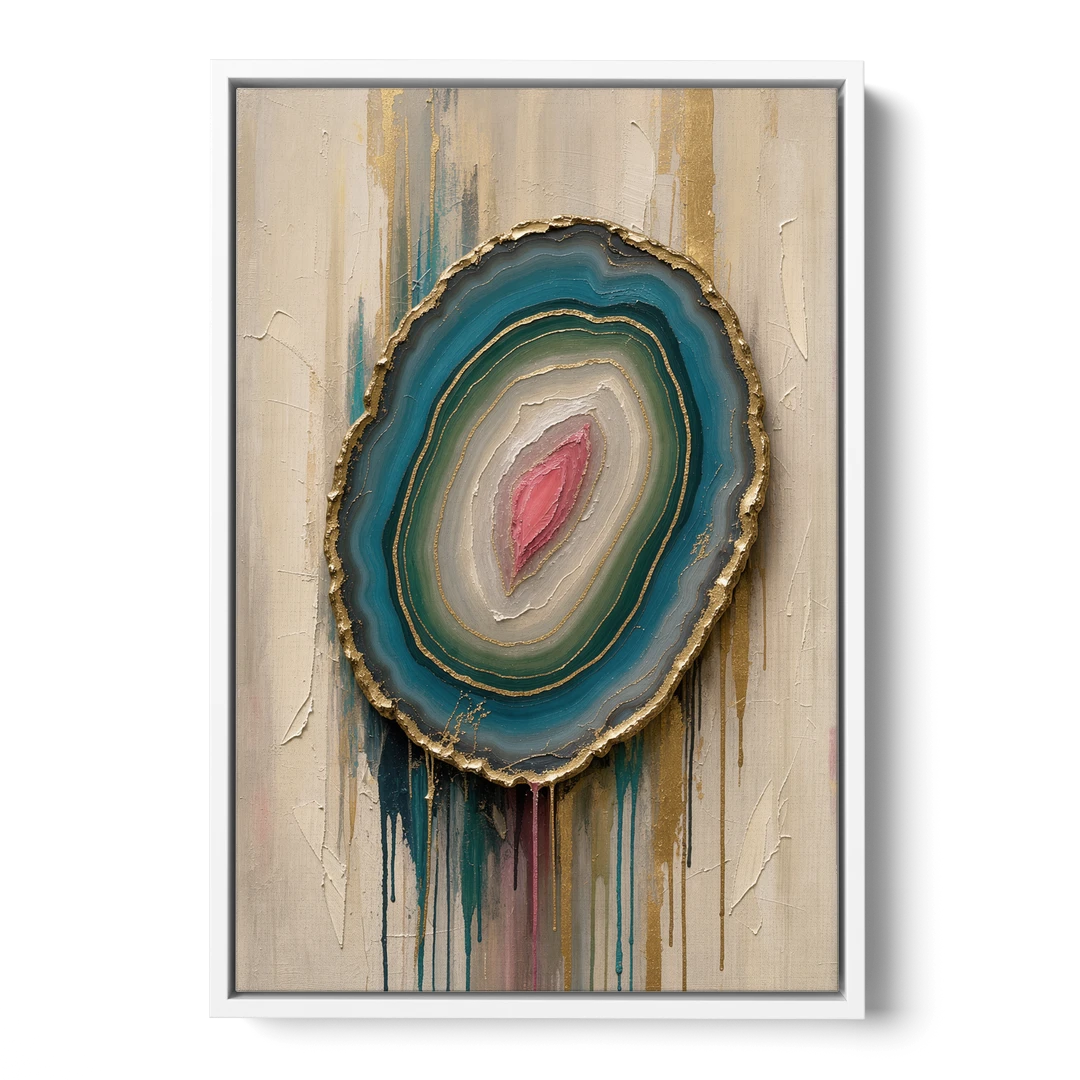 Agate Slice with Gold Rim and Teal Drips - White Framed Canvas Wall Art - Front