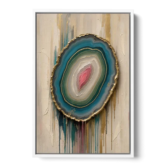 Agate Slice with Gold Rim and Teal Drips - White Framed Canvas Wall Art - Front