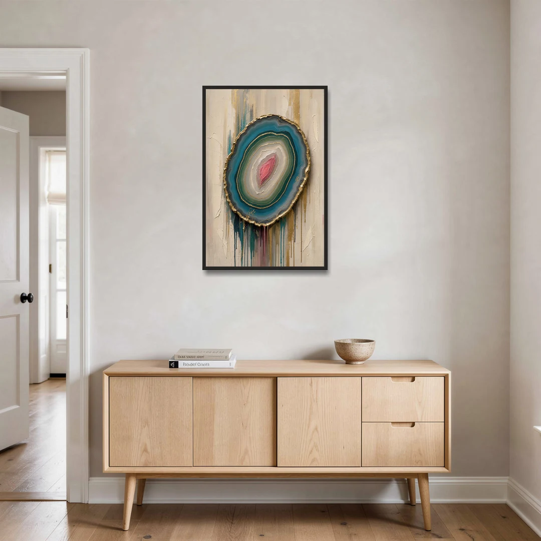 Agate Slice with Gold Rim and Teal Drips - Black Framed Canvas Wall Art - Coffee Table - 24x36