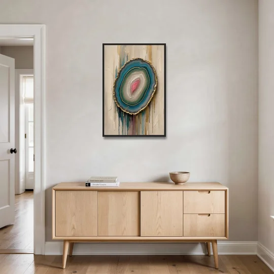 Agate Slice with Gold Rim and Teal Drips - Black Framed Canvas Wall Art - Coffee Table - 24x36