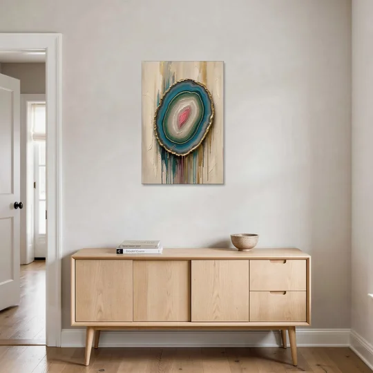 Agate Slice with Gold Rim and Teal Drips - Canvas Wall Art - Coffee Table - 24x36