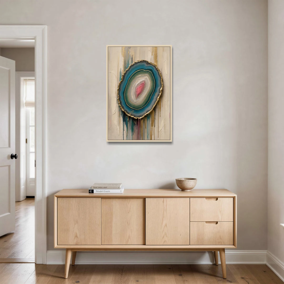 Agate Slice with Gold Rim and Teal Drips - Oak Framed Canvas Wall Art - Coffee Table - 24x36