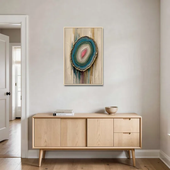 Agate Slice with Gold Rim and Teal Drips - Oak Framed Canvas Wall Art - Coffee Table - 24x36