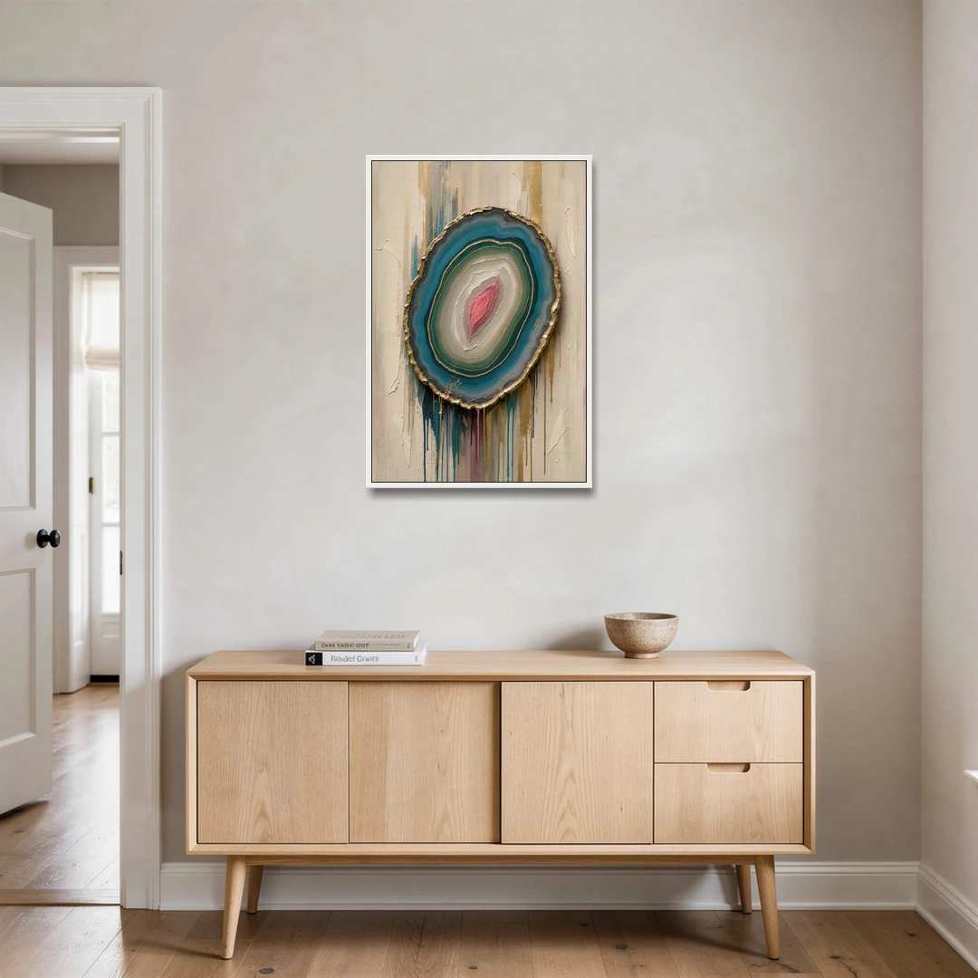 Agate Slice with Gold Rim and Teal Drips - White Framed Canvas Wall Art - Coffee Table - 24x36
