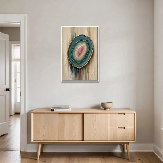 Agate Slice with Gold Rim and Teal Drips - White Framed Canvas Wall Art - Coffee Table - 24x36