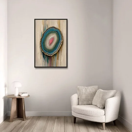 Agate Slice with Gold Rim and Teal Drips - Black Framed Canvas Wall Art - Sofa - 24x36