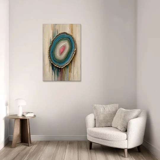 Agate Slice with Gold Rim and Teal Drips - Canvas Wall Art - Sofa - 24x36