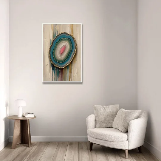 Agate Slice with Gold Rim and Teal Drips - White Framed Canvas Wall Art - Sofa - 24x36