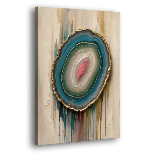 Agate Slice with Gold Rim and Teal Drips - Canvas Wall Art - Side