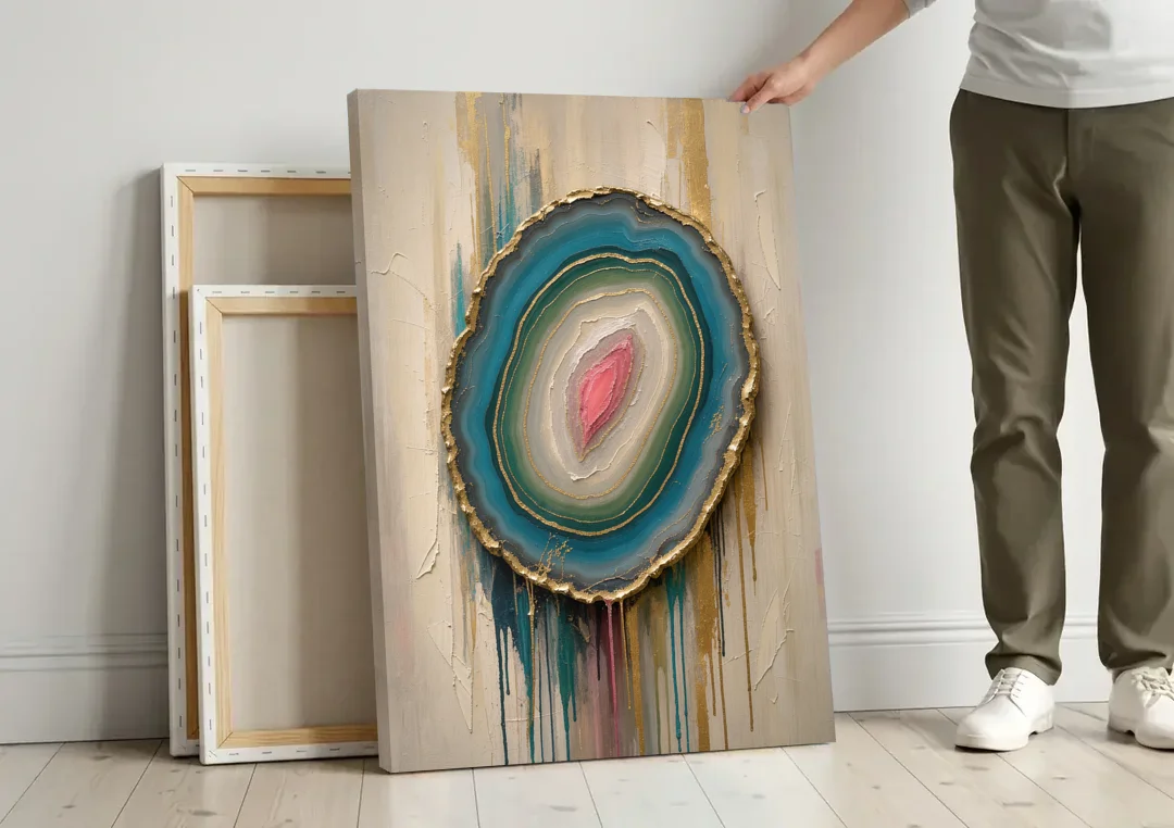 Agate Slice with Gold Rim and Teal Drips canvas wall art leaning against a wall next to blank canvases