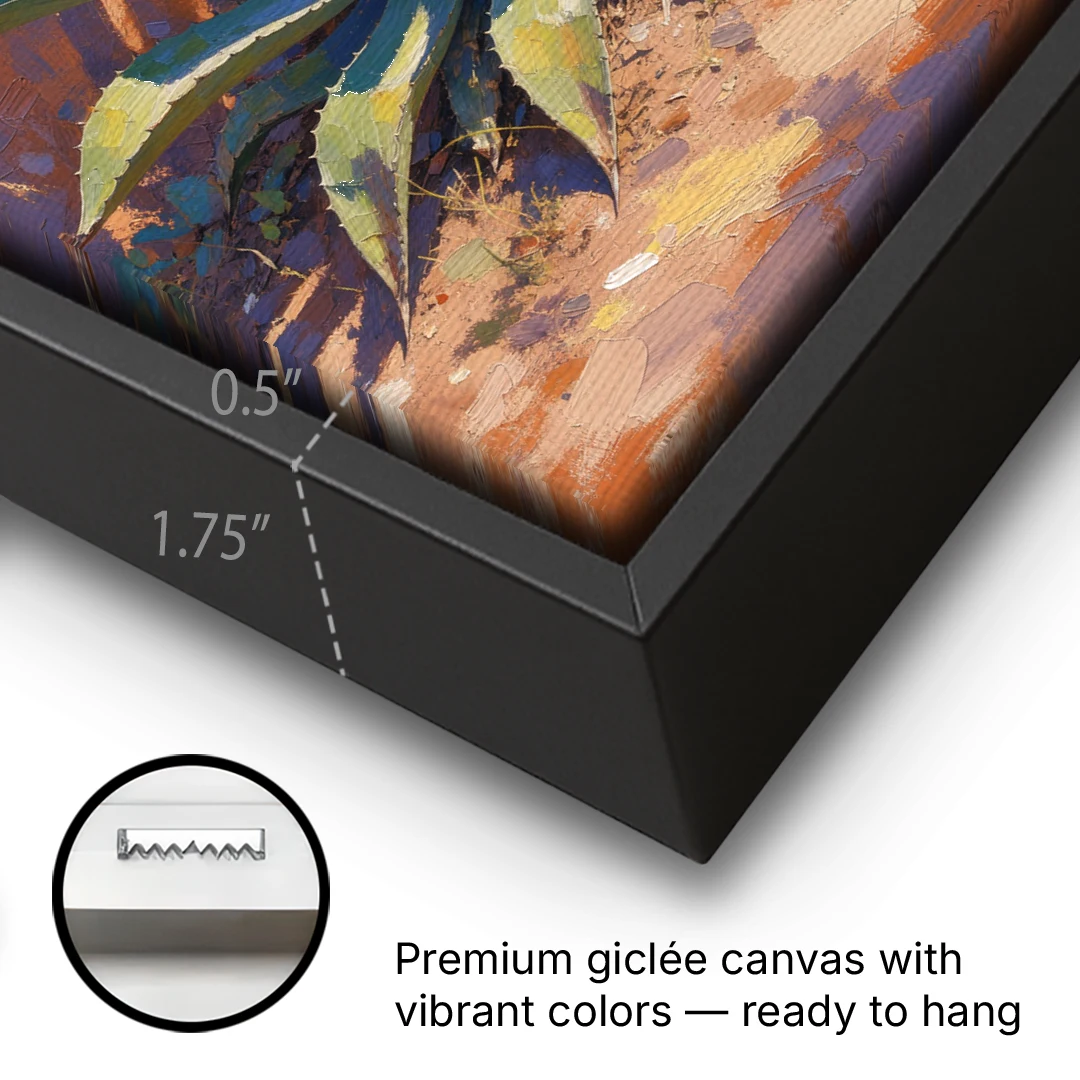 Agave Painting Against a Sunlit Adobe Wall - Black Framed Canvas Wall Art - Gallery Wrap Corner