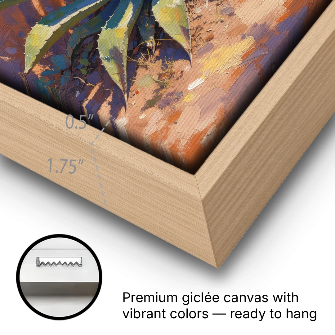 Agave Painting Against a Sunlit Adobe Wall - Oak Framed Canvas Wall Art - Gallery Wrap Corner
