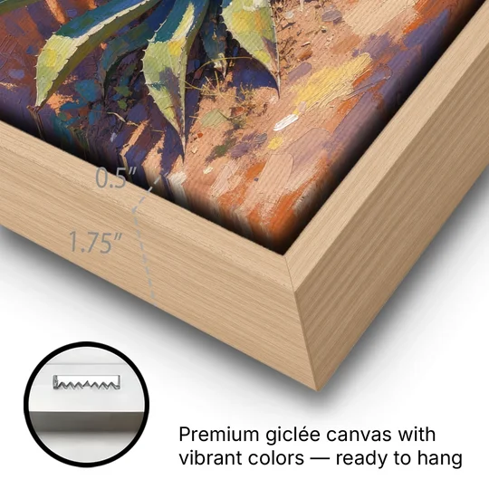 Agave Painting Against a Sunlit Adobe Wall - Oak Framed Canvas Wall Art - Gallery Wrap Corner