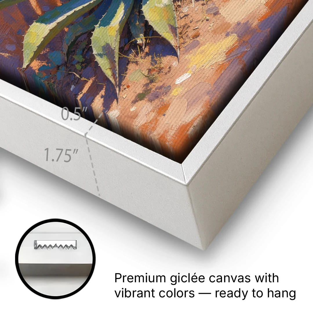 Agave Painting Against a Sunlit Adobe Wall - White Framed Canvas Wall Art - Gallery Wrap Corner