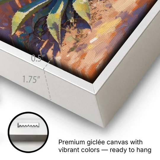 Agave Painting Against a Sunlit Adobe Wall - White Framed Canvas Wall Art - Gallery Wrap Corner