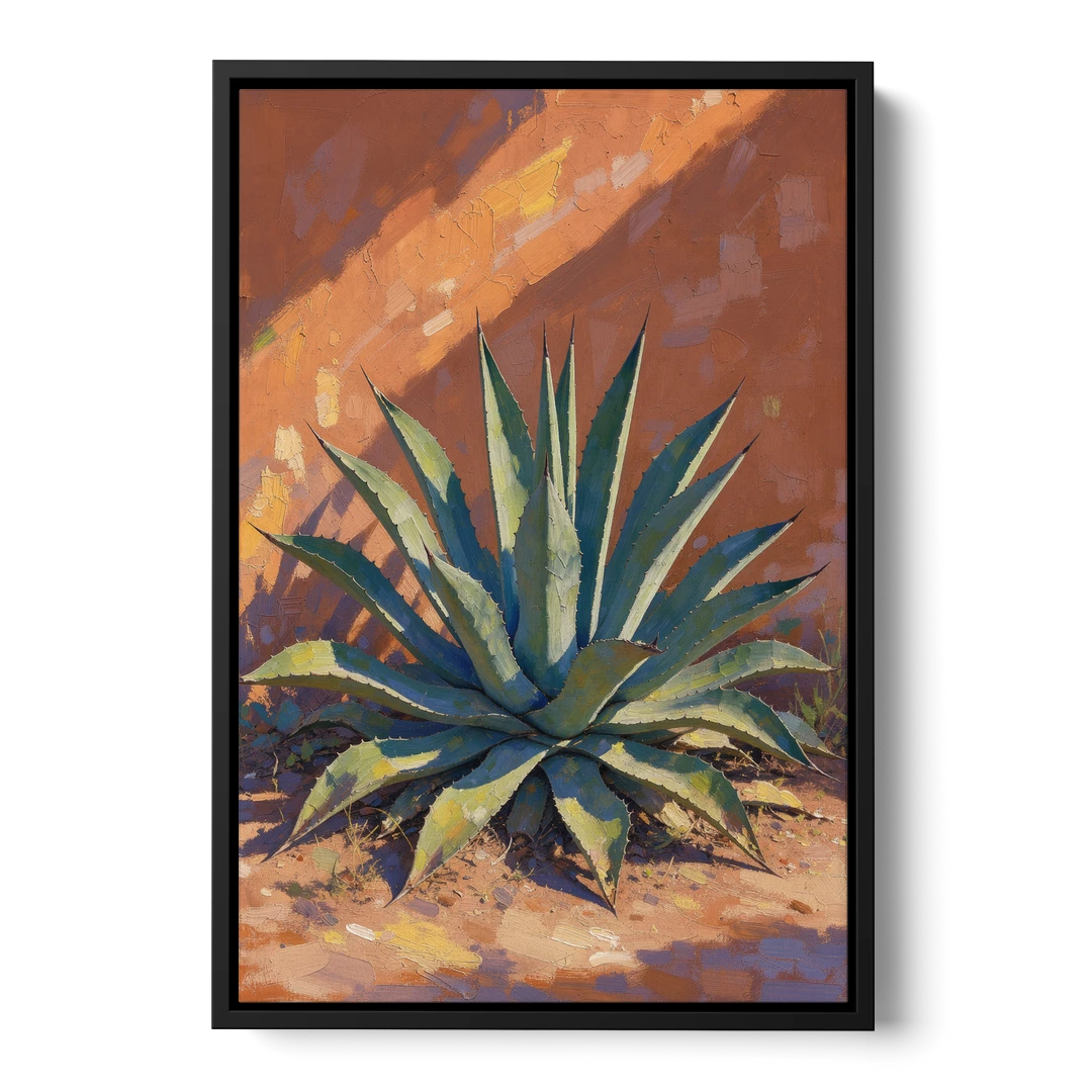 Agave Painting Against a Sunlit Adobe Wall - Black Framed Canvas Wall Art - Front