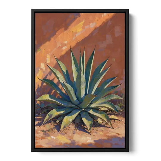 Agave Painting Against a Sunlit Adobe Wall - Black Framed Canvas Wall Art - Front