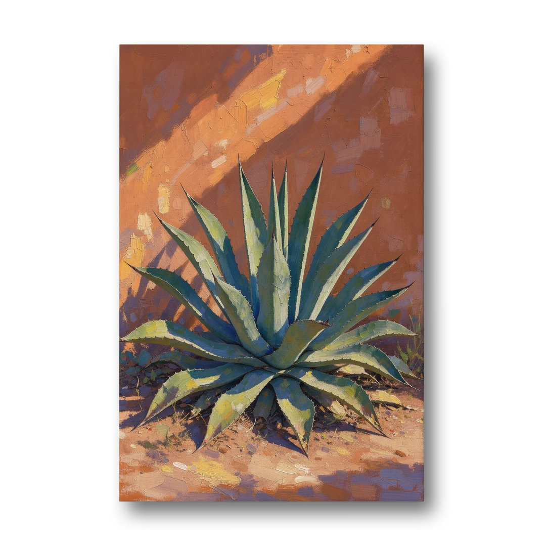 Agave Painting Against a Sunlit Adobe Wall - Canvas Wall Art - Front