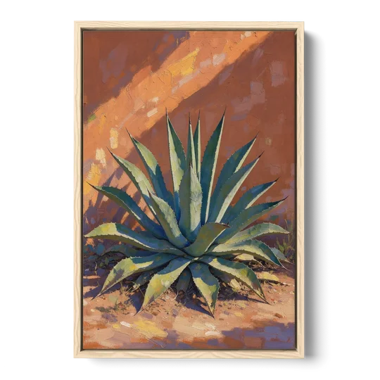 Agave Painting Against a Sunlit Adobe Wall - Oak Framed Canvas Wall Art - Front