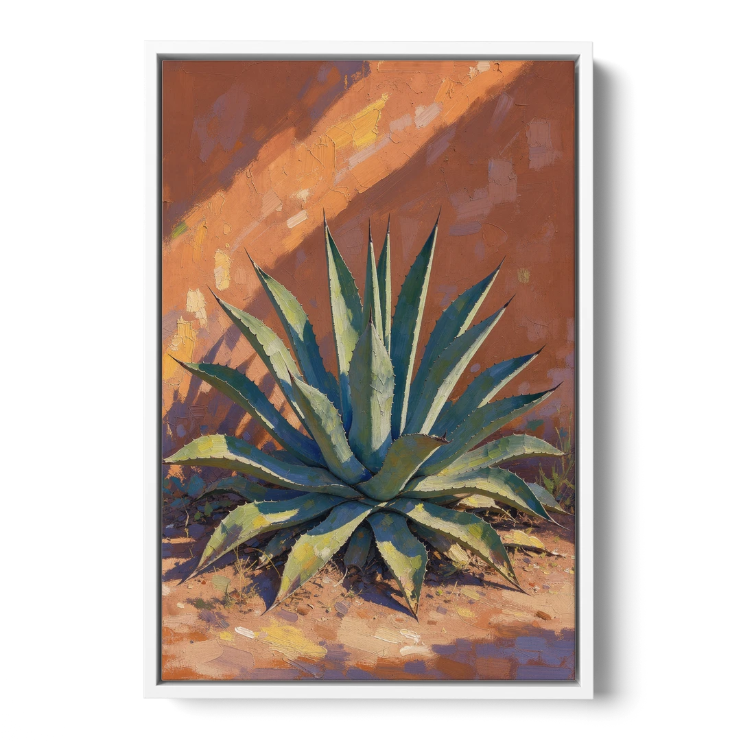 Agave Painting Against a Sunlit Adobe Wall - White Framed Canvas Wall Art - Front