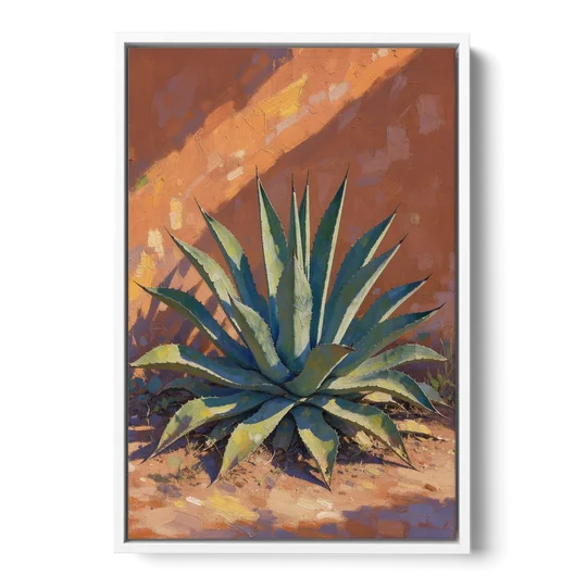 Agave Painting Against a Sunlit Adobe Wall - White Framed Canvas Wall Art - Front