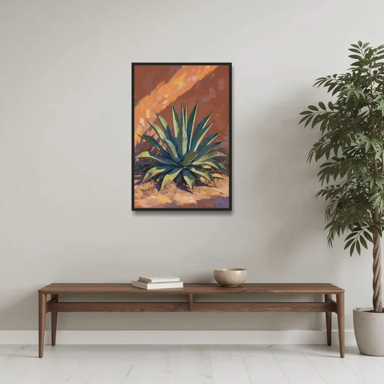 Agave Painting Against a Sunlit Adobe Wall - Black Framed Canvas Wall Art - Coffee Table - 24x36