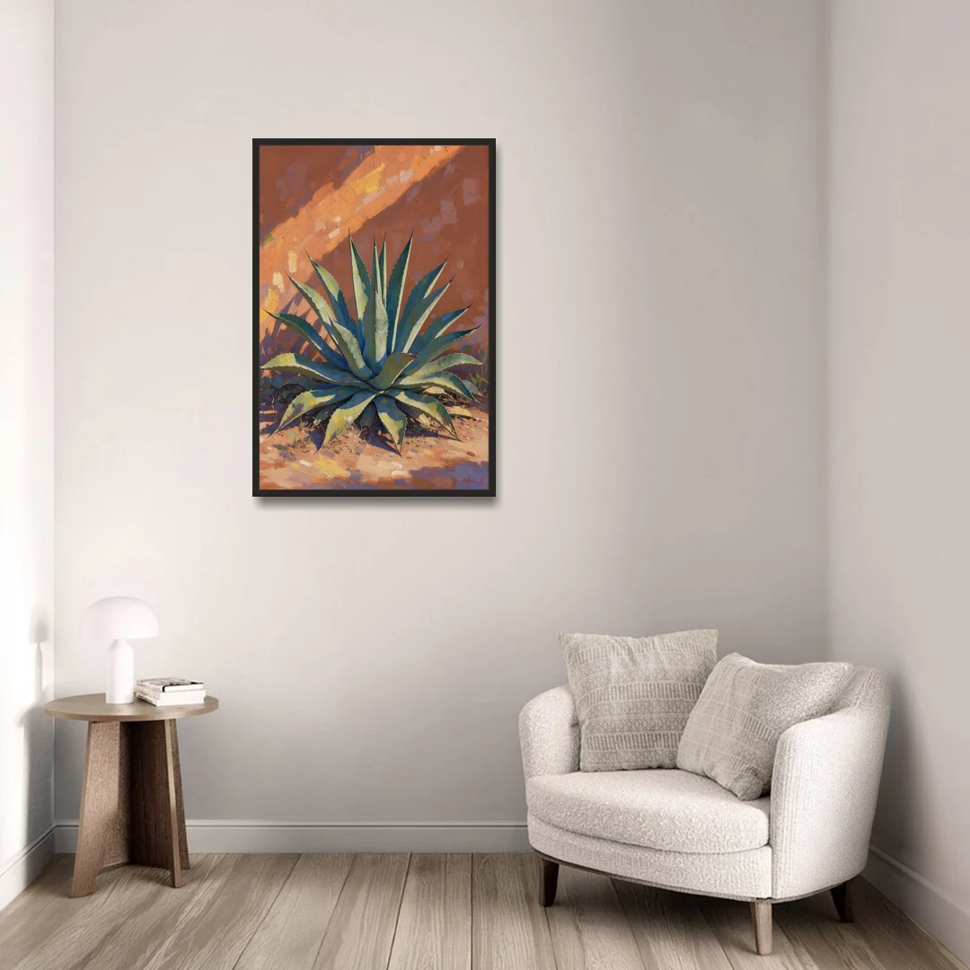 Agave Painting Against a Sunlit Adobe Wall - Black Framed Canvas Wall Art - Sofa - 24x36
