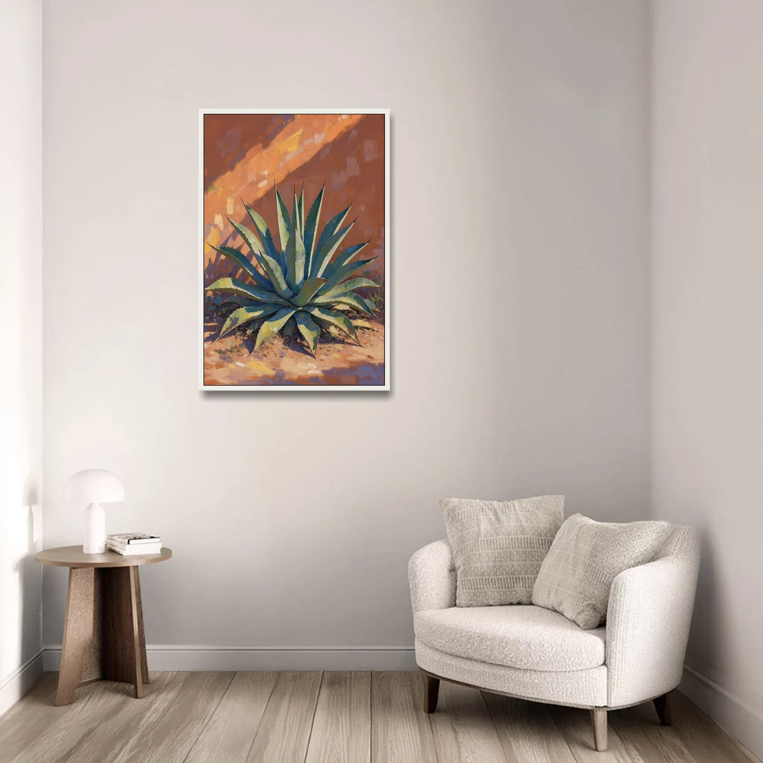 Agave Painting Against a Sunlit Adobe Wall - White Framed Canvas Wall Art - Sofa - 24x36