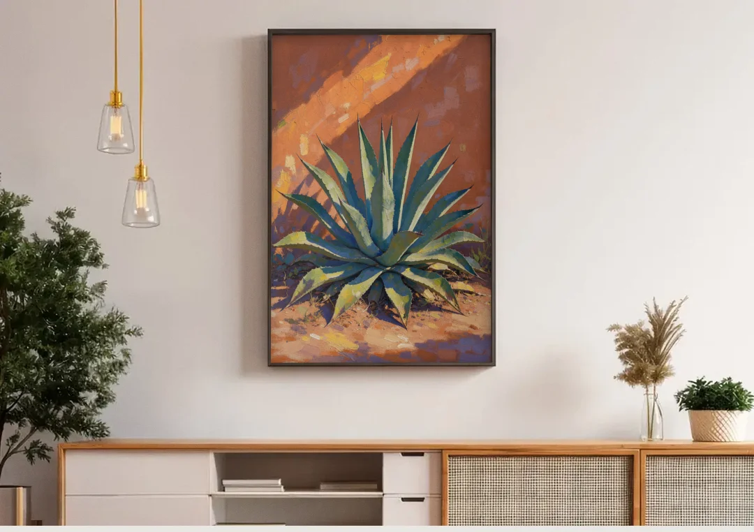 Agave Painting Against a Sunlit Adobe Wall canvas wall art above a wooden sideboard under pendant lights