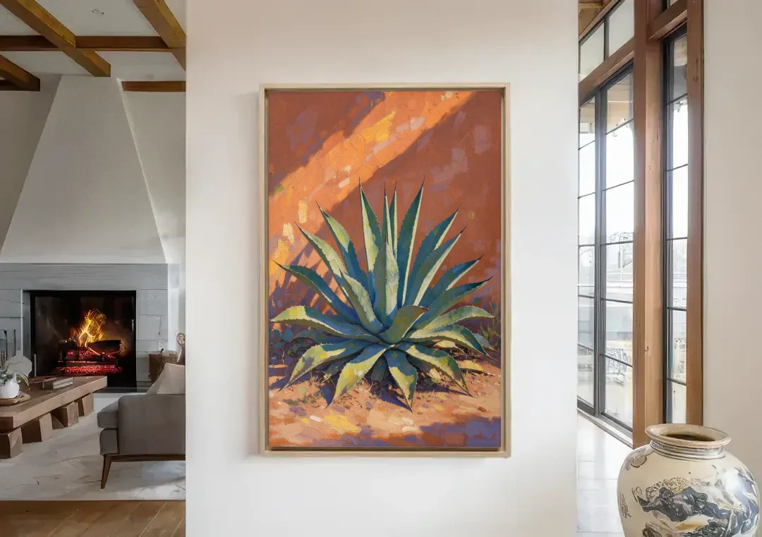 Agave Painting Against a Sunlit Adobe Wall canvas wall art in a living room with a fireplace