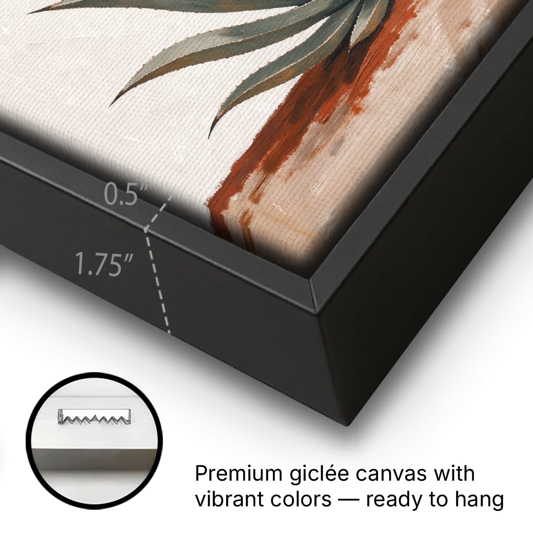 Agave Rosette Under a Blush Pink Sun - Black Framed Canvas Wall Art - Gallery Wrap Corner