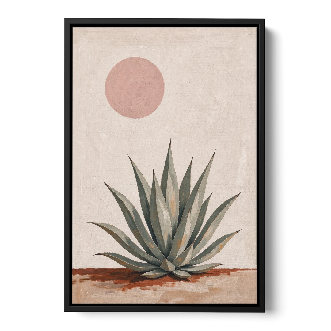 Agave Rosette Under a Blush Pink Sun - Black Framed Canvas Wall Art - Front