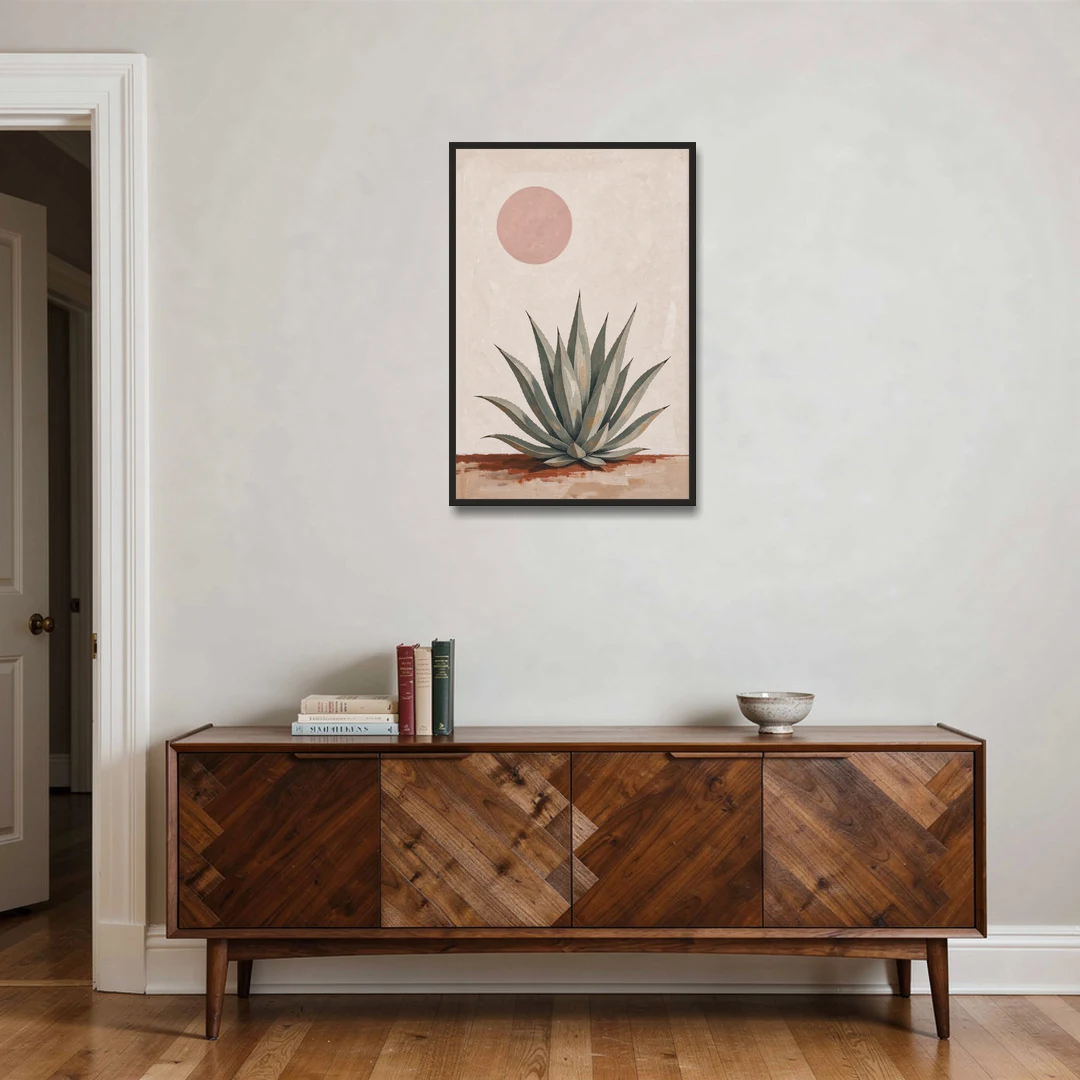 Agave Rosette Under a Blush Pink Sun - Black Framed Canvas Wall Art - Coffee Table - 24x36
