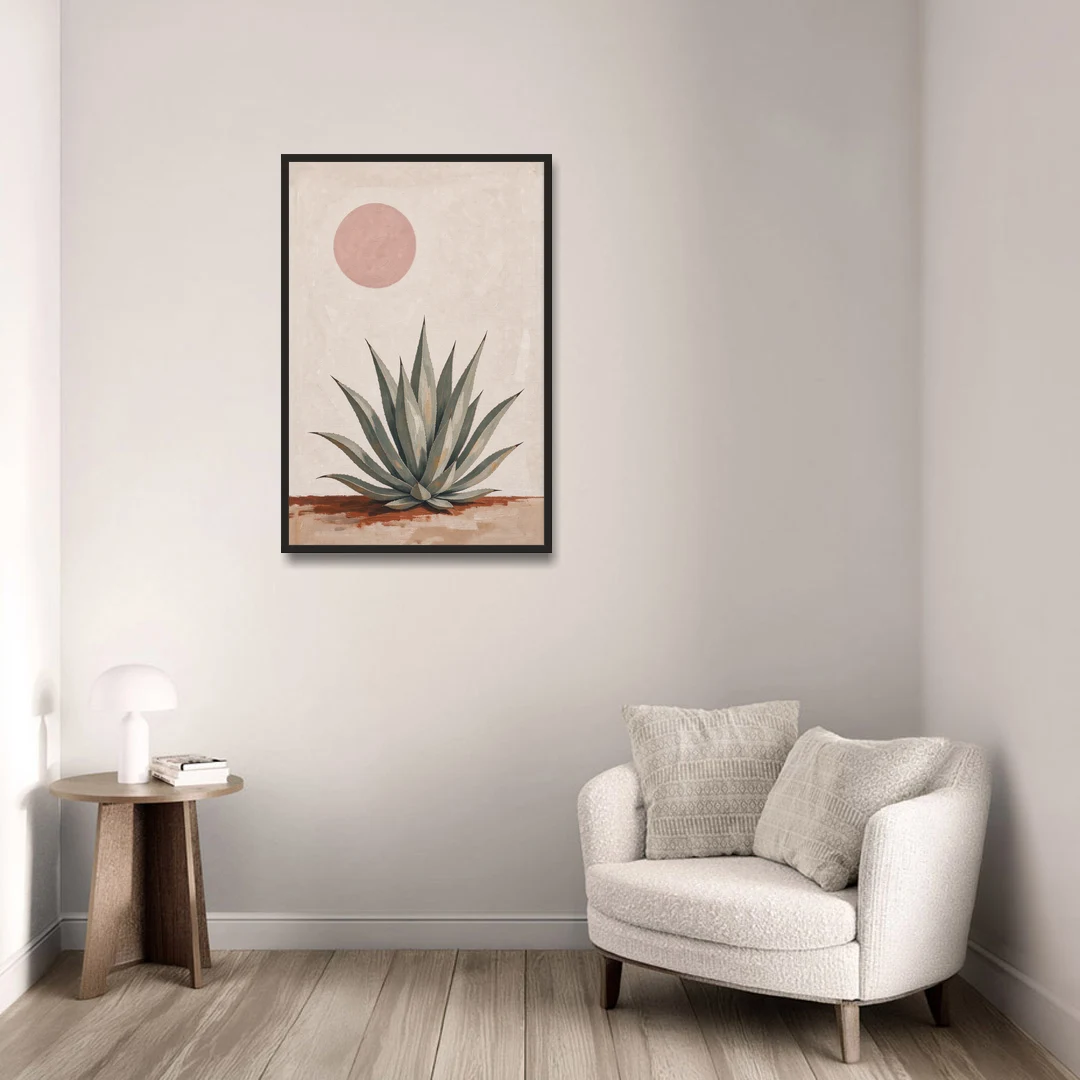 Agave Rosette Under a Blush Pink Sun - Black Framed Canvas Wall Art - Sofa - 24x36