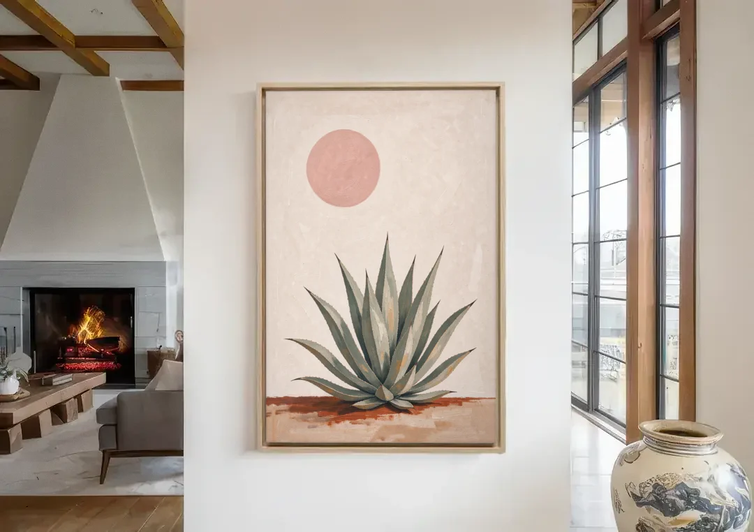 Agave Rosette Under a Blush Pink Sun canvas wall art in a living room with a fireplace