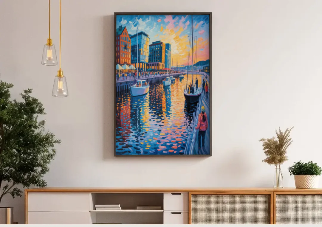 Aker Brygge Vibes canvas wall art above a wooden sideboard under pendant lights