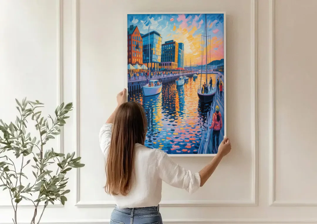 Aker Brygge Vibes canvas wall art being hung on a paneled wall