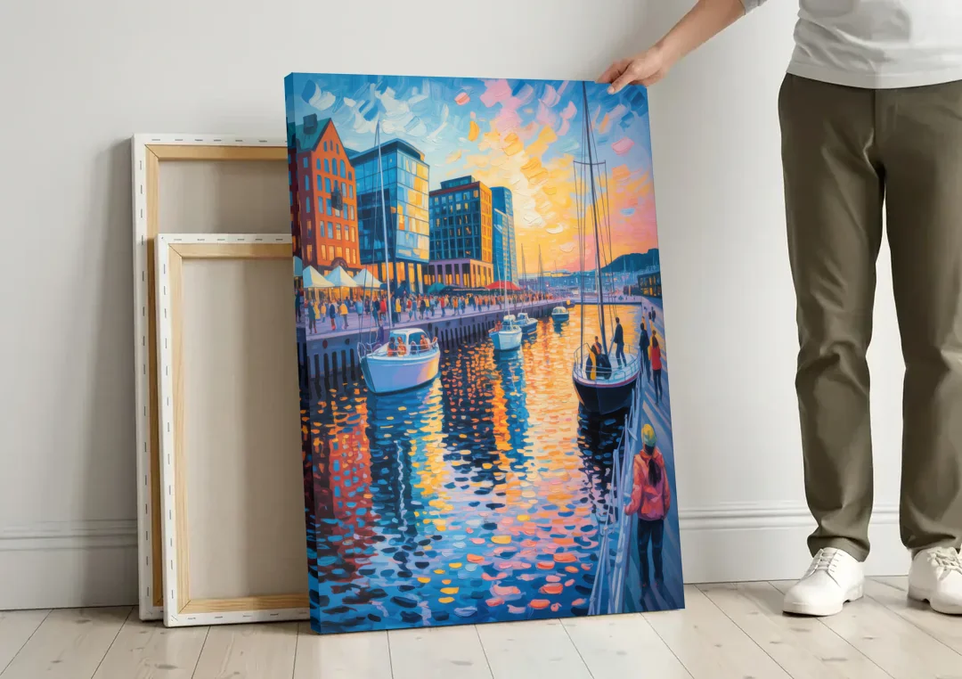 Aker Brygge Vibes canvas wall art leaning against a wall next to blank canvases