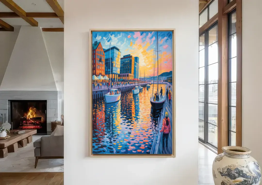 Aker Brygge Vibes canvas wall art in a living room with a fireplace
